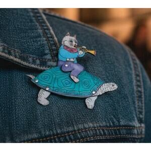Vintage Signed Ulla 1992 Bugal Boy Blues Articulated Cat Riding Turtle Pin